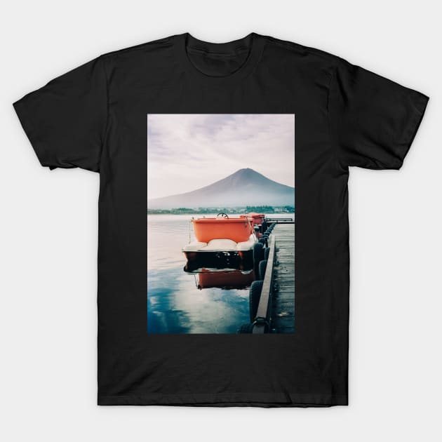 Paddleboats Tied to Wooden Pier in Early Morning Light T-Shirt by visualspectrum